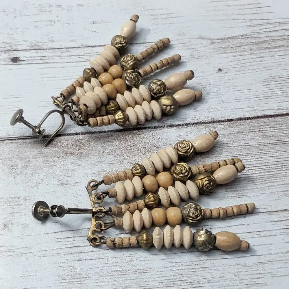 Vintage Screw Back Earrings Multi Stand Tan Dangle Long Statement